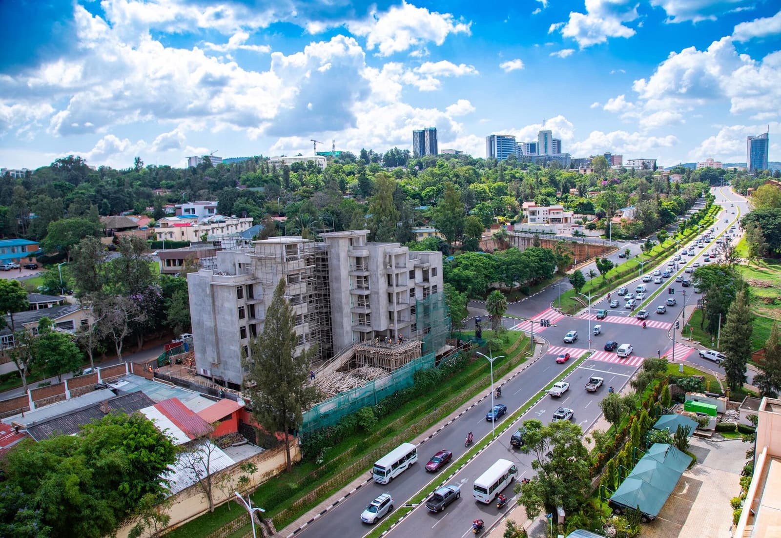 A tree-lined avenue in Kigali seen from above
